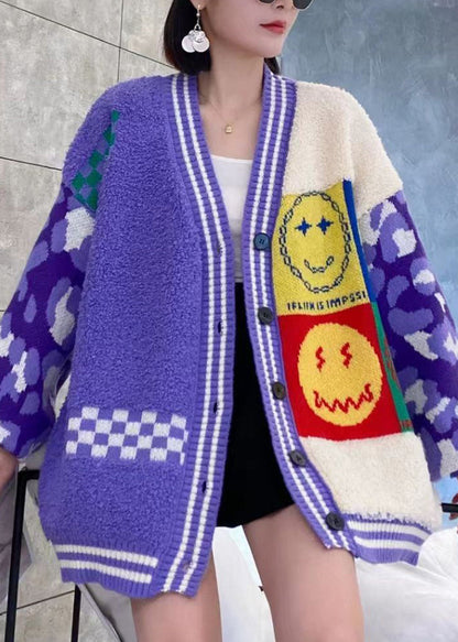 Purple V Neck Button Patchwork Knit Cardigans Spring