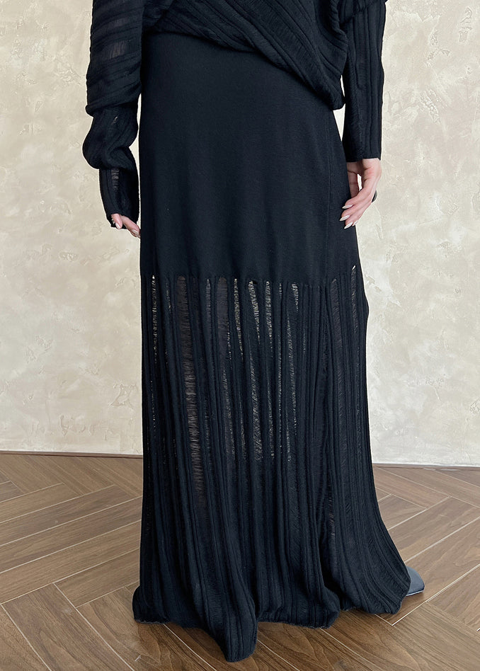Grey Elastic Waist Hollow Out Patchwork Maxi Skirts Fall