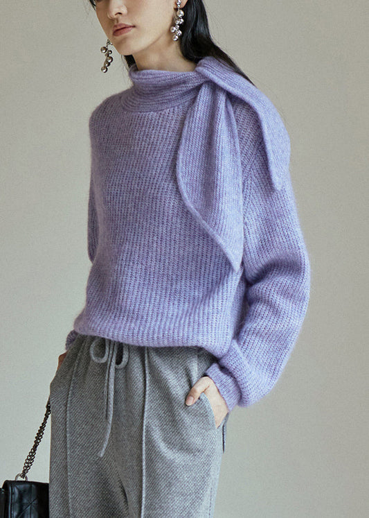 Purple Lace Up Patchwork Cozy Knit Sweaters Fall