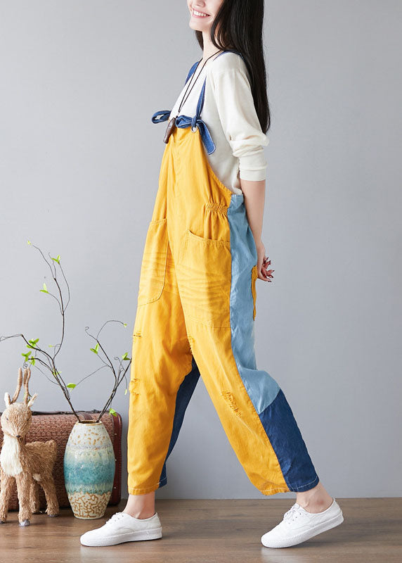 Yellow Pockets Patchwork Denim Jumpsuit Spring