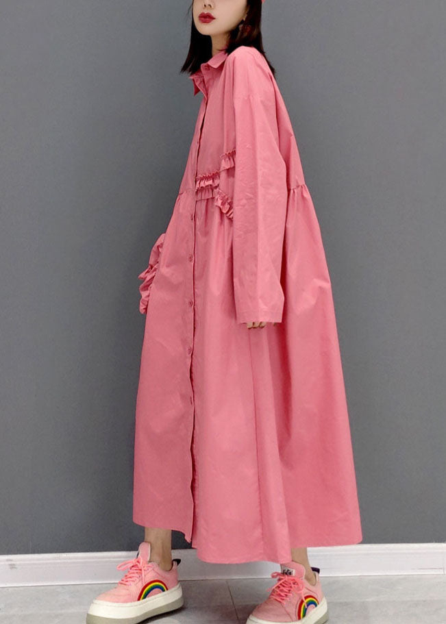 Modern Pink Peter Pan Collar Wrinkled Shirt Dress Long Sleeve