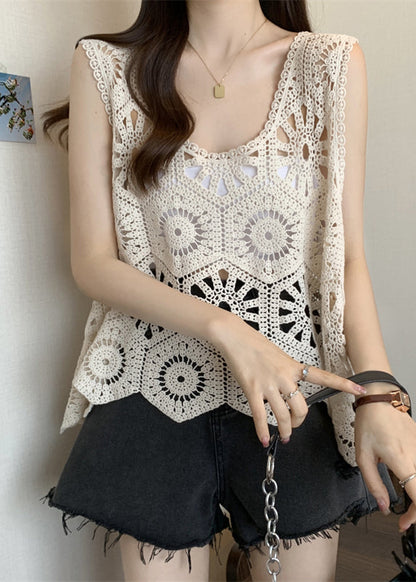 White Hollow Out Oversized Knit Vests Summer