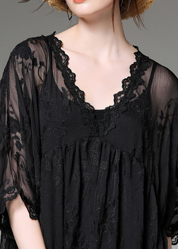 Handmade Black Embroideried Patchwork Tulle Two-piece Set Dress Summer