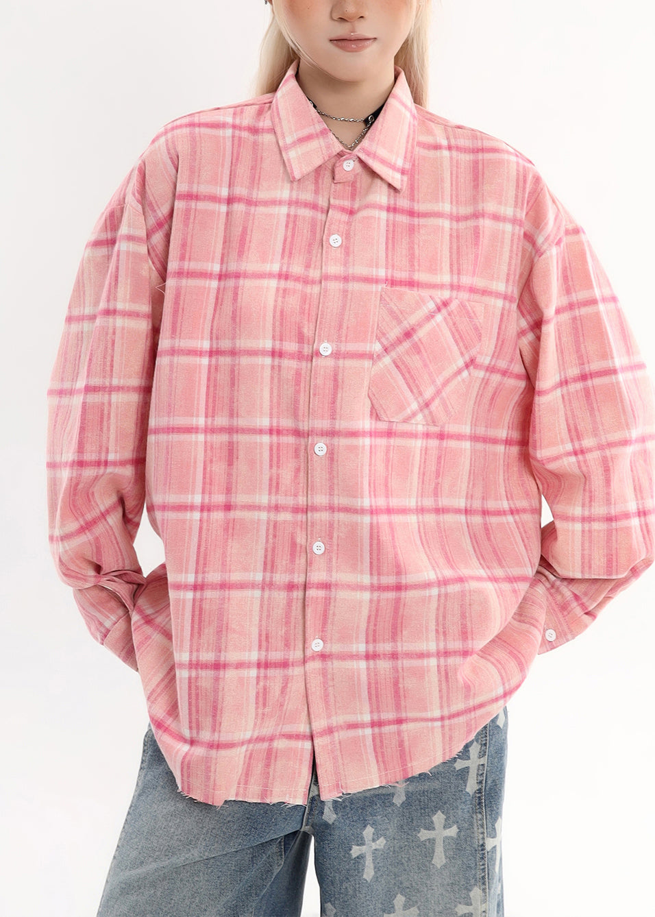 Pink Oversized Plaid Cotton Shirt Tops Spring