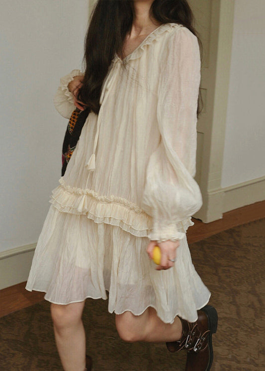 Apricot Lace Up Ruffled Silk Mini Dresses Fall