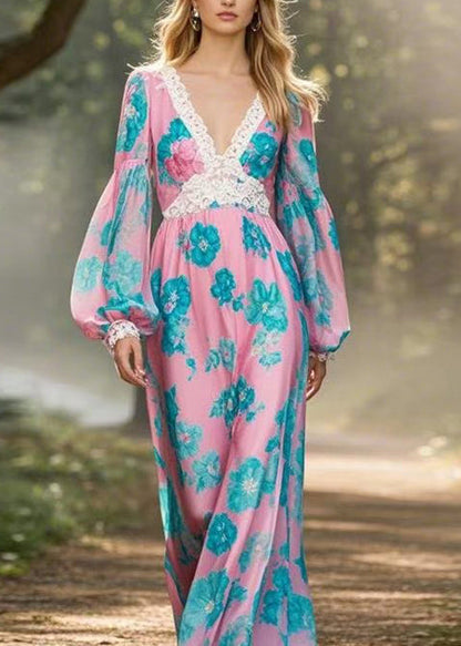 Pink V Neck Print Lace Patchwork Chiffon Dresses Lantern Sleeve