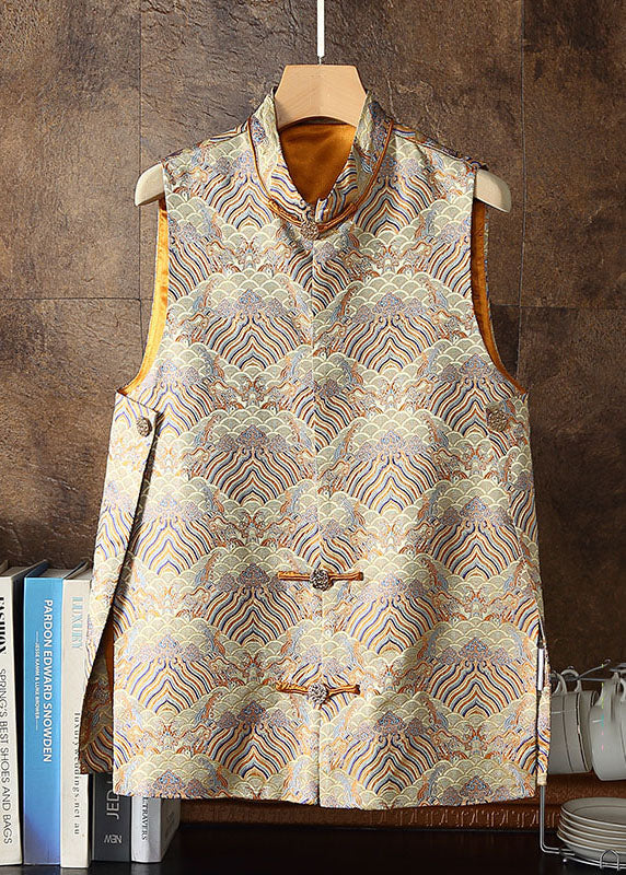 Yellow Stand Collar Embroideried Side Open Silk Vest Sleeveless