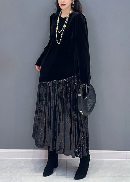 Black Wrinkled Patchwork Silk Velour Dresses O Neck Spring