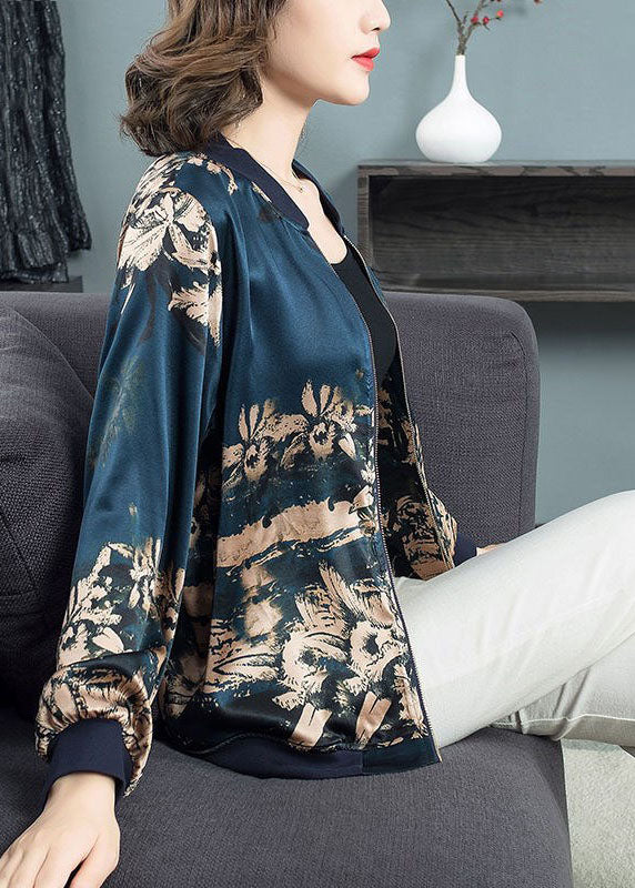 Navy Stand Collar Zip Up Print Silk Coat Outwear Fall