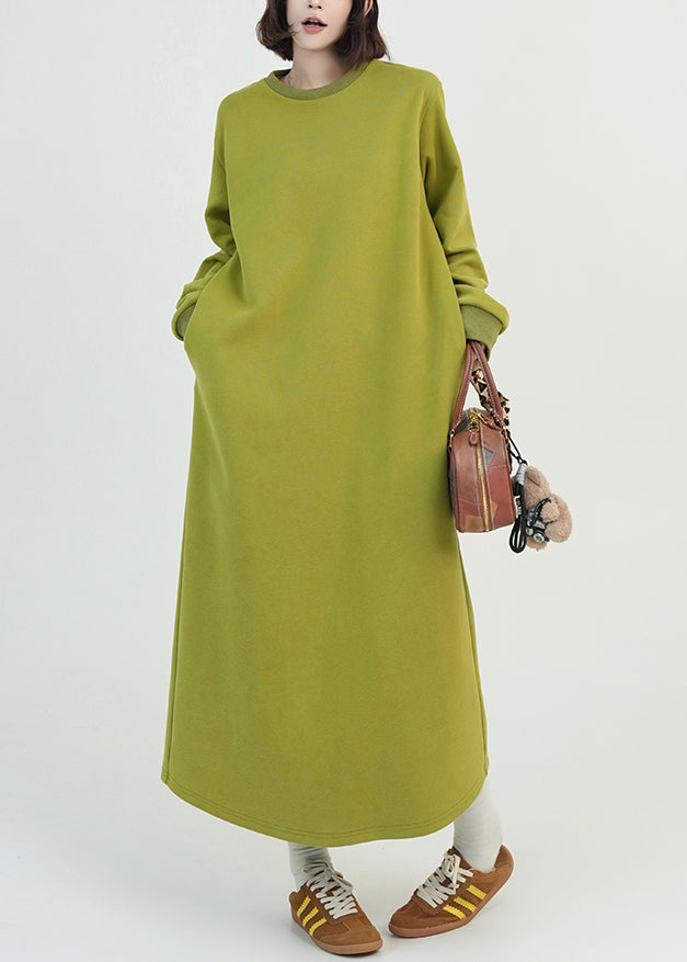Green O Neck Long Cotton Straight Dress Fall