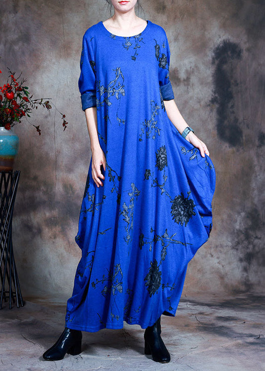 Blue O-neck Print Cotton Maxi Dress Spring