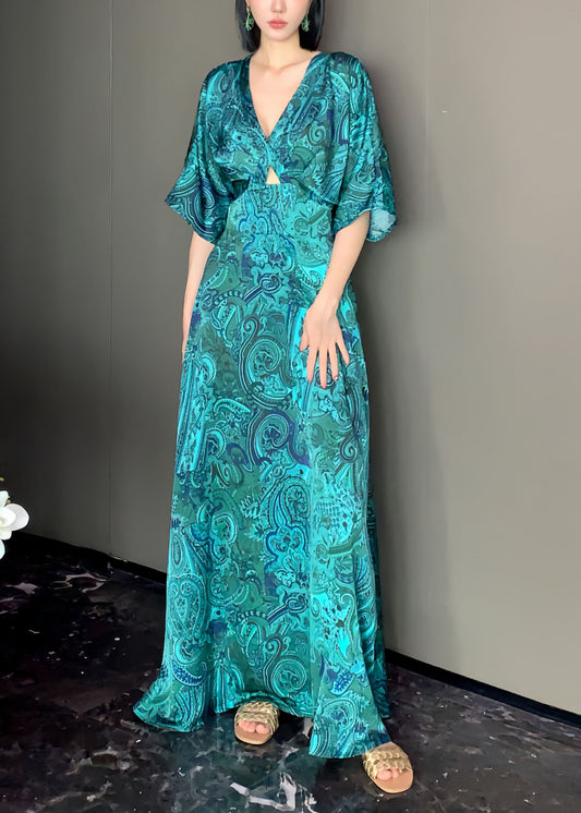 Peacock Blue V Neck Print Satin Maxi Dress Short Sleeve