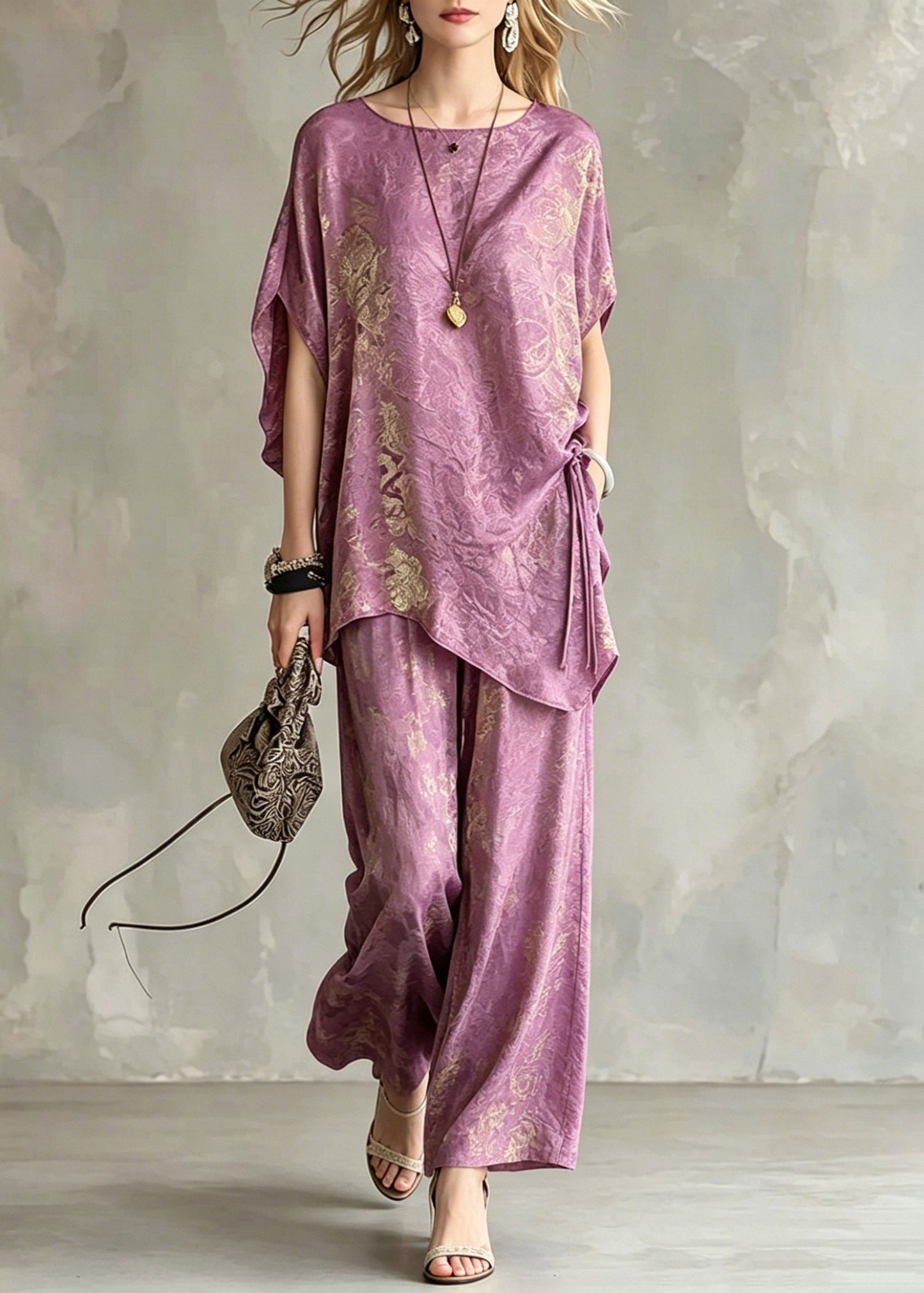Light Purple Asymmetrical Tie Waist Silk T Shirts and Wide Leg Pants Two Pieces Set Short Sleeve