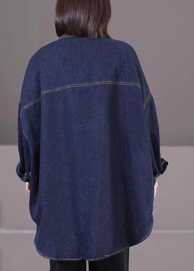 Navy Peter Pan Collar Patchwork Button Cozy Denim Shirts Fall