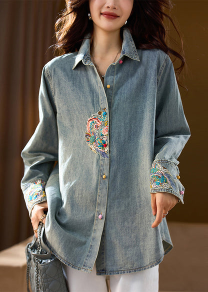 Organic Blue Peter Pan Collar Embroidered Denim Coat Top Spring