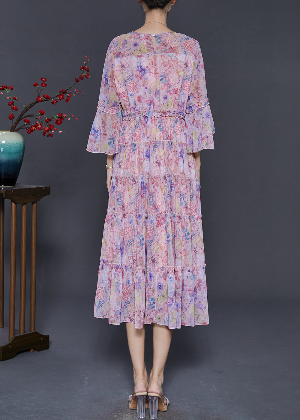 Modern Pink Print Butterfly Chiffon Dress Flare Sleeve
