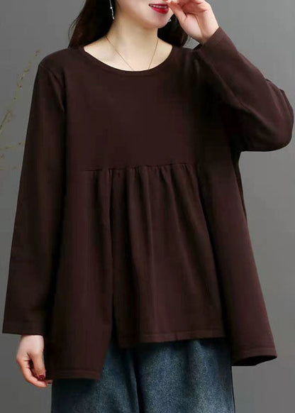 French Chocolate O-neck Asymmetrical Design Fall Knit Sweater