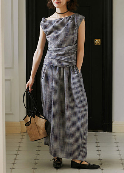Summer New Plaid Asymmetric Design Two Pieces Set