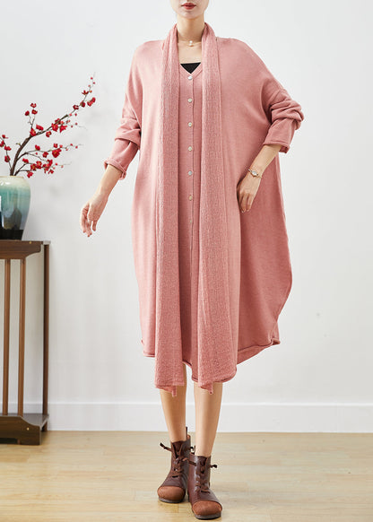 Pink Oversized Complimentary Scarf Knit Dress Batwing Sleeve Spring