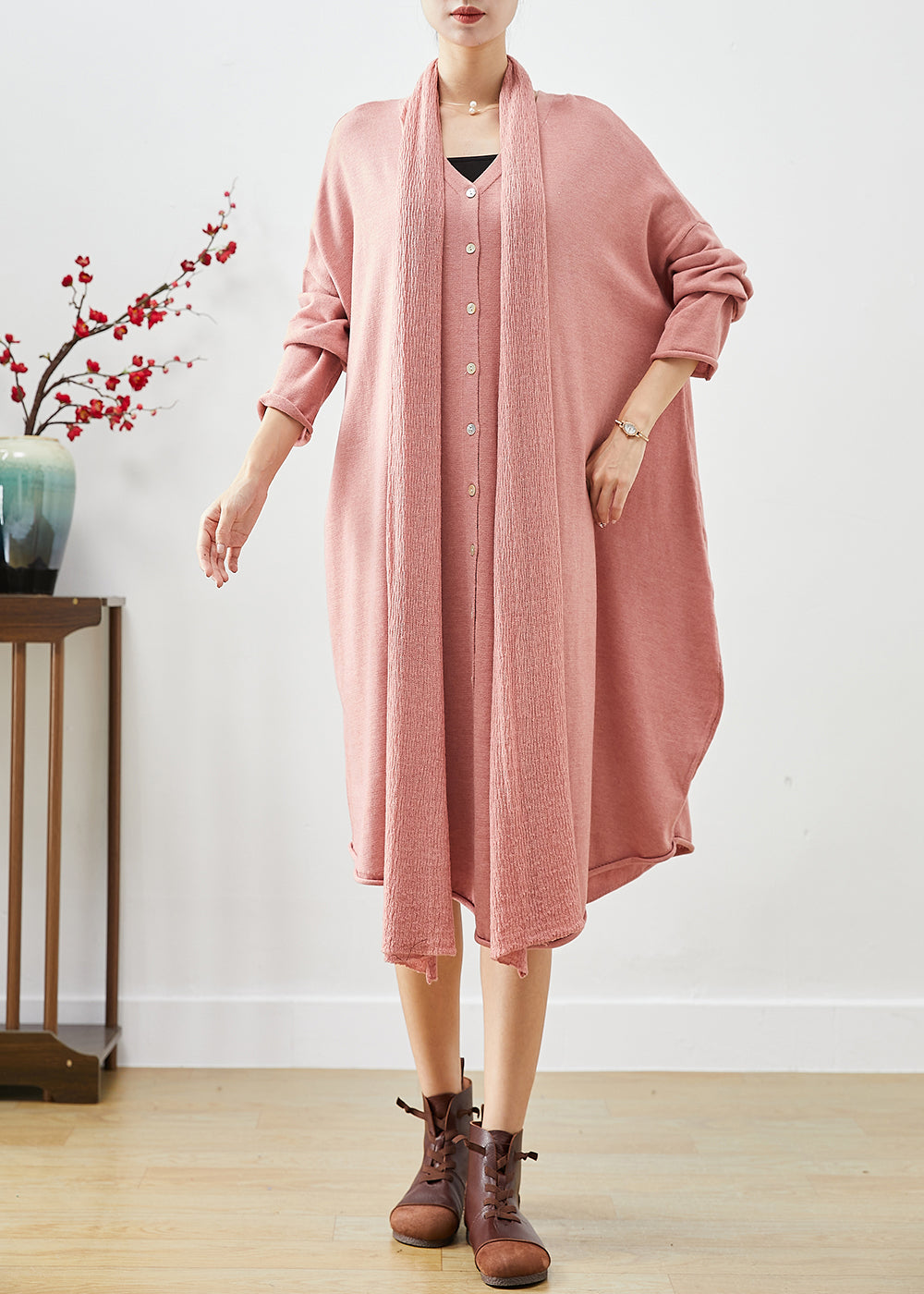 Pink Oversized Complimentary Scarf Knit Dress Batwing Sleeve Spring
