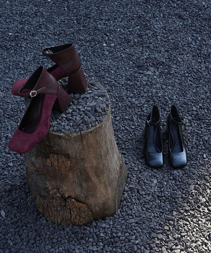 Silver Buckle Strap Splicing Chunky Heel Shoes