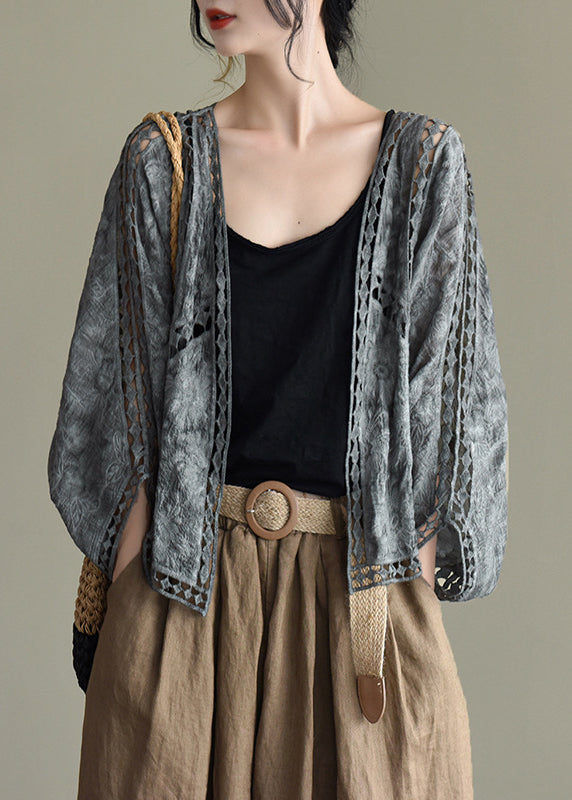 Grey Black Hollow Out Embroideried Cardigans Batwing Sleeve