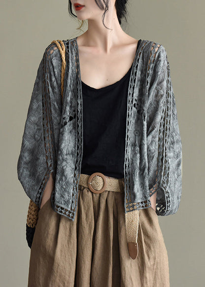 Grey Black Hollow Out Embroideried Cardigans Batwing Sleeve