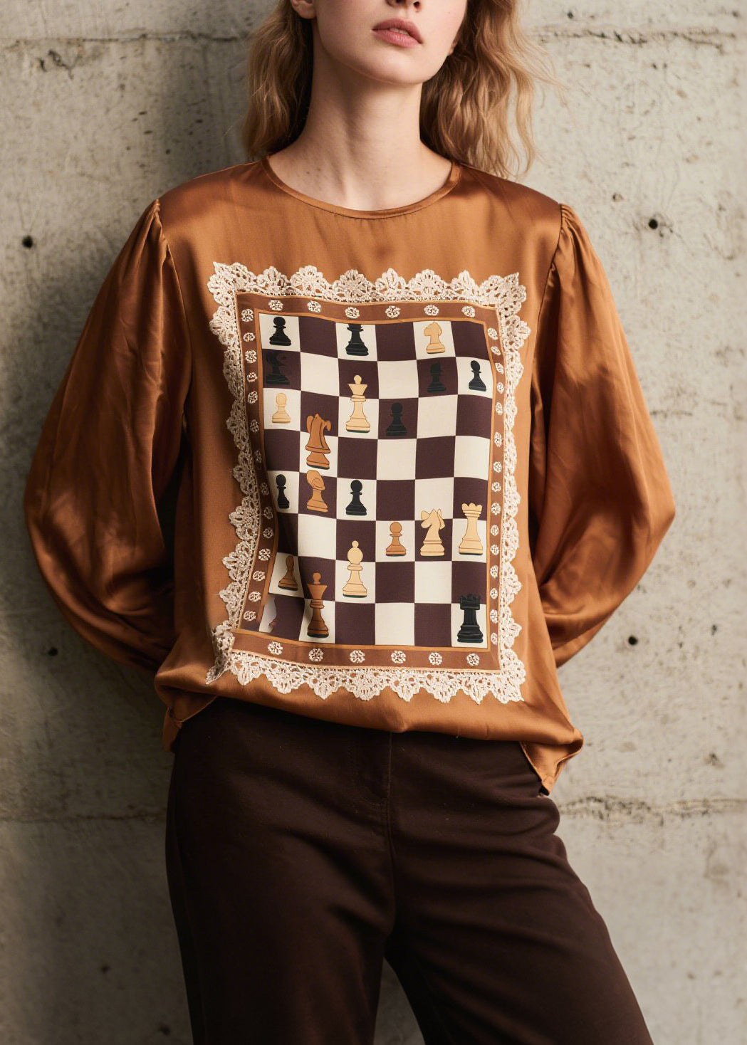 Brown Print Patchwork Silk Shirts Spring