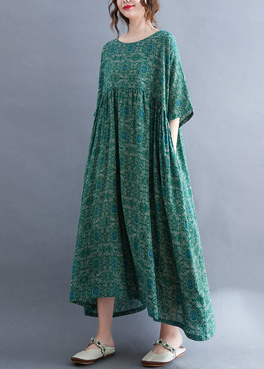 Green O-neck Print Patchwork Vacation Maxi Dresses Summer