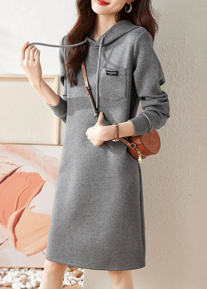 Grey Hooded Lace Up Patchwork Cotton Dress Fall