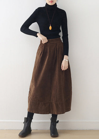 Brown Oversized Patchwork Pockets Corduroy Skirt Spring
