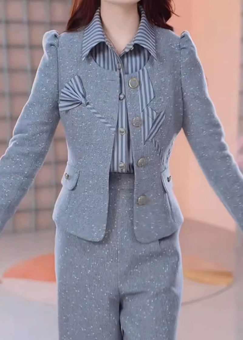 Style Grey Patchwork Coats Shirts and Pants Three Pieces Set Spring