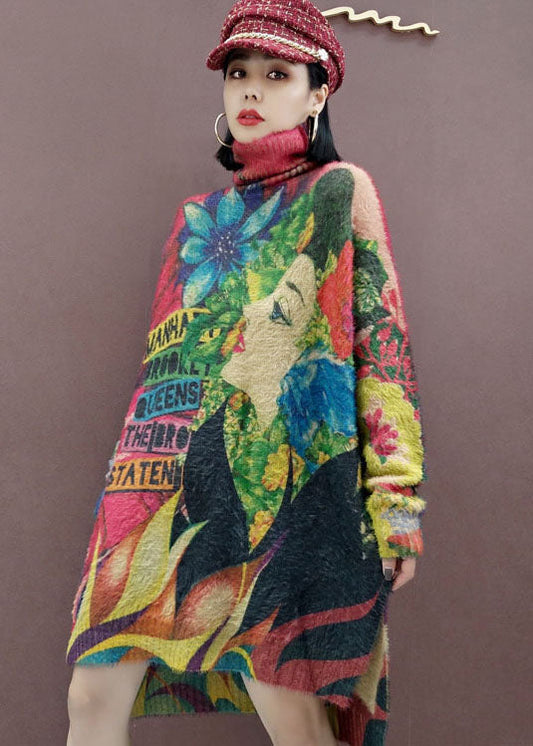 Classy Low High Design Turtle Neck Beauty Print Knit Dress Spring