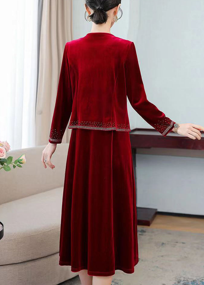 Classy Wine Red Zircon Coat and Waistcoat Dress Silk Velour Two Pieces Set Fall