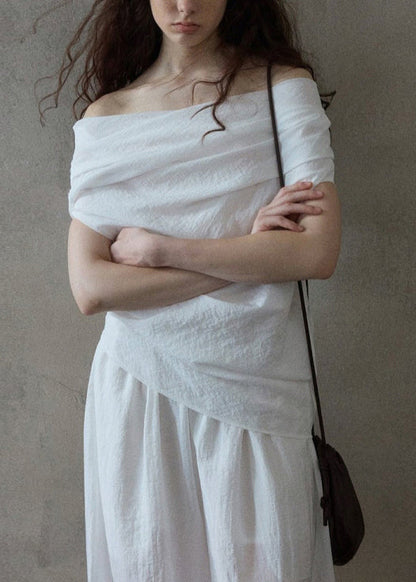 Black Slash Neck Wrinkled Cotton Shirt Summer
