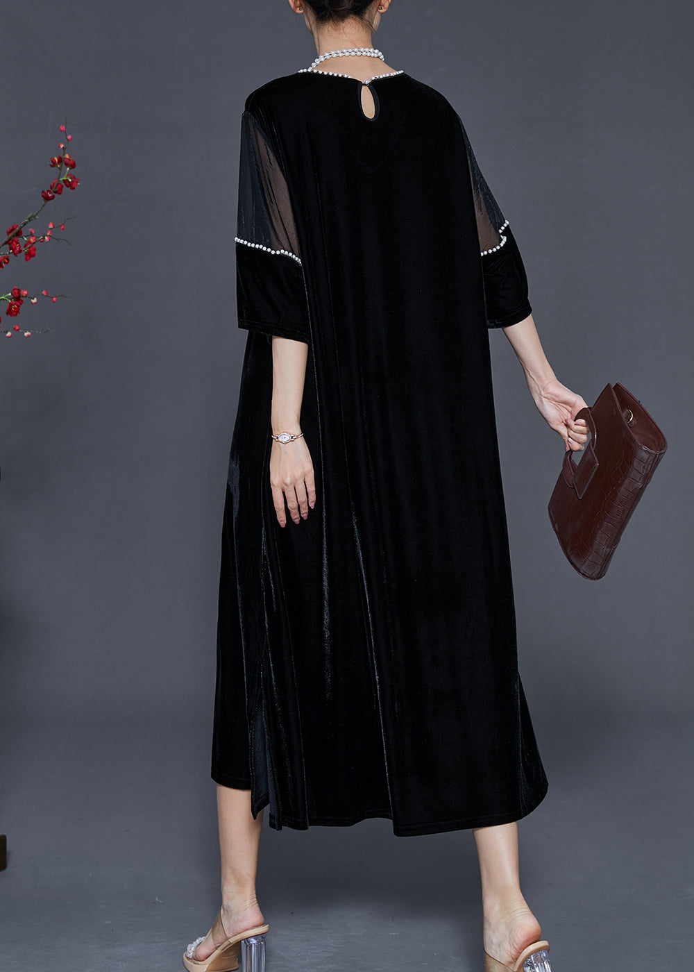 Black Oversized Patchwork Nail Bead Silk Velour Dress Spring
