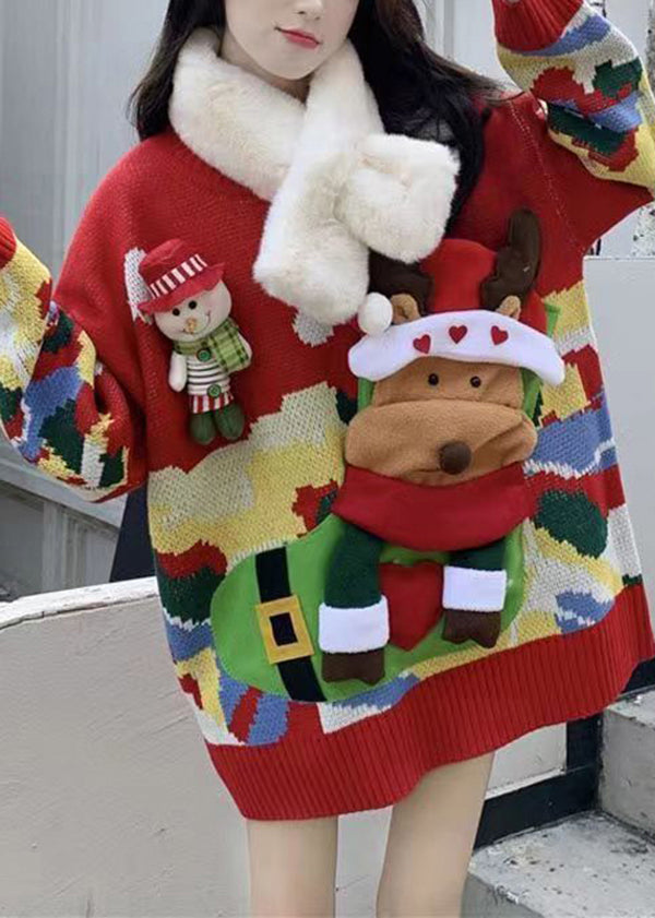 Christmas Themed Elk Sweater Red With Loose and Lazy Style