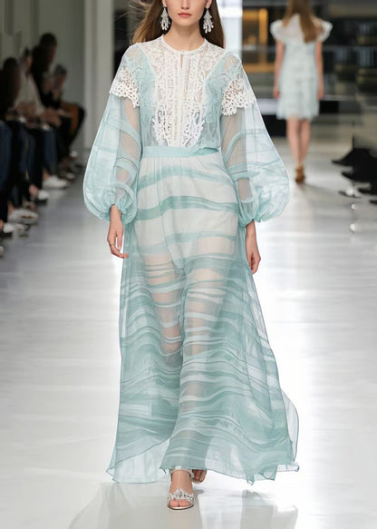 Light Blue Print Lace Patchwork Chiffon Ankle Dress Summer