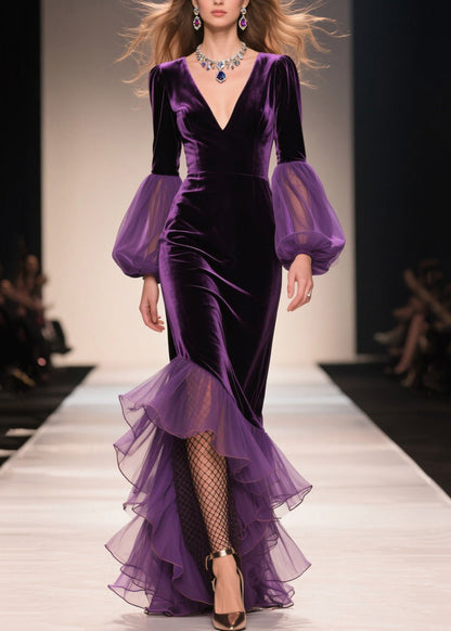 Purple V Neck Asymmetrical Ruffled Patchwork Velvet Dresses Fall