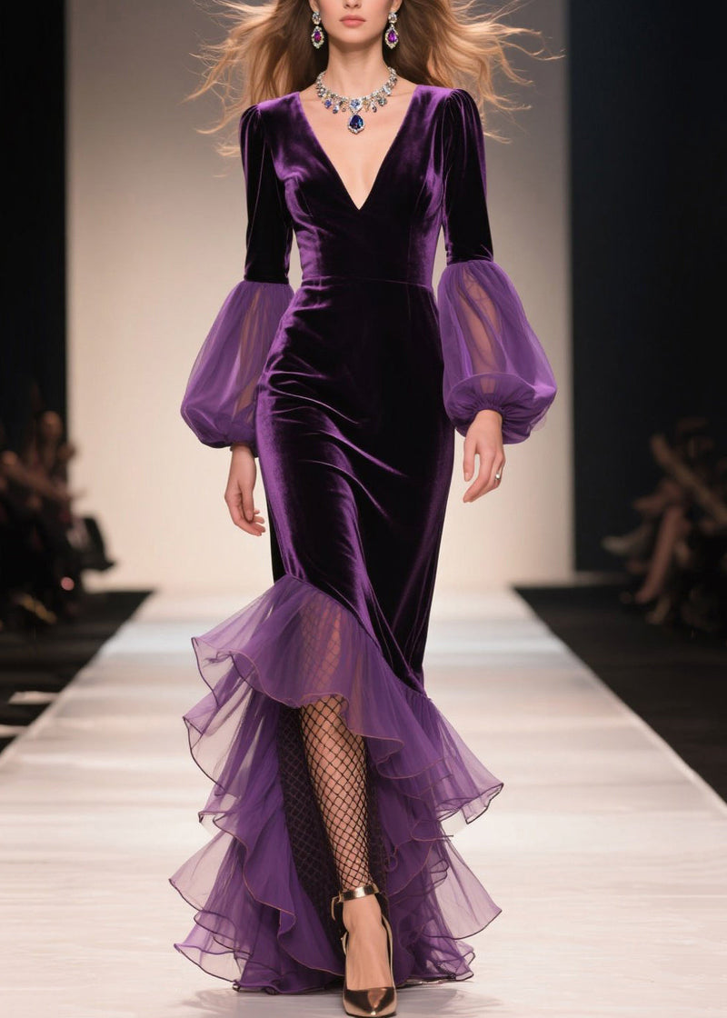 Purple V Neck Asymmetrical Ruffled Patchwork Velvet Dresses Fall