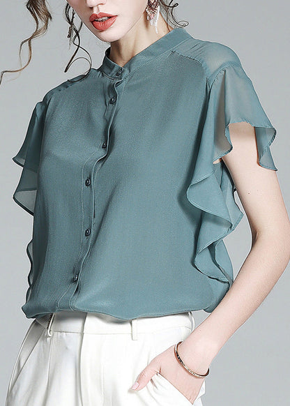 Brief Haze Blue Stand Collar Button Silk Shirt Short Sleeve