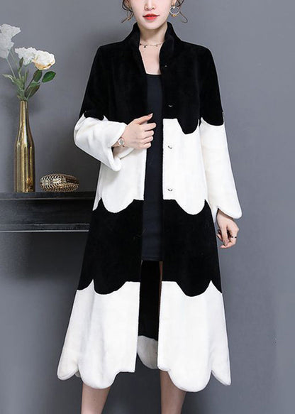 Black Red Stand Collar Patchwork Wool Coat Winter