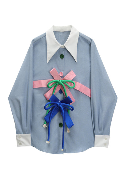 Light Blue Peter Pan Collar Removable Bow Skirts Long Sleeve