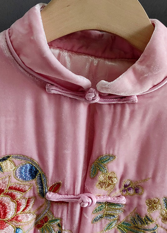 Classy Pink Stand Collar Print Patchwork Silk Velour Outwear Spring