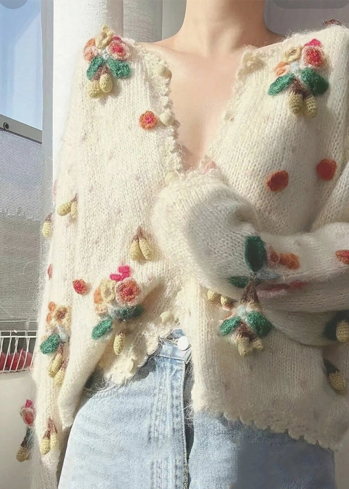 Beige V Neck Button Patchwork Knit Cardigan Winter