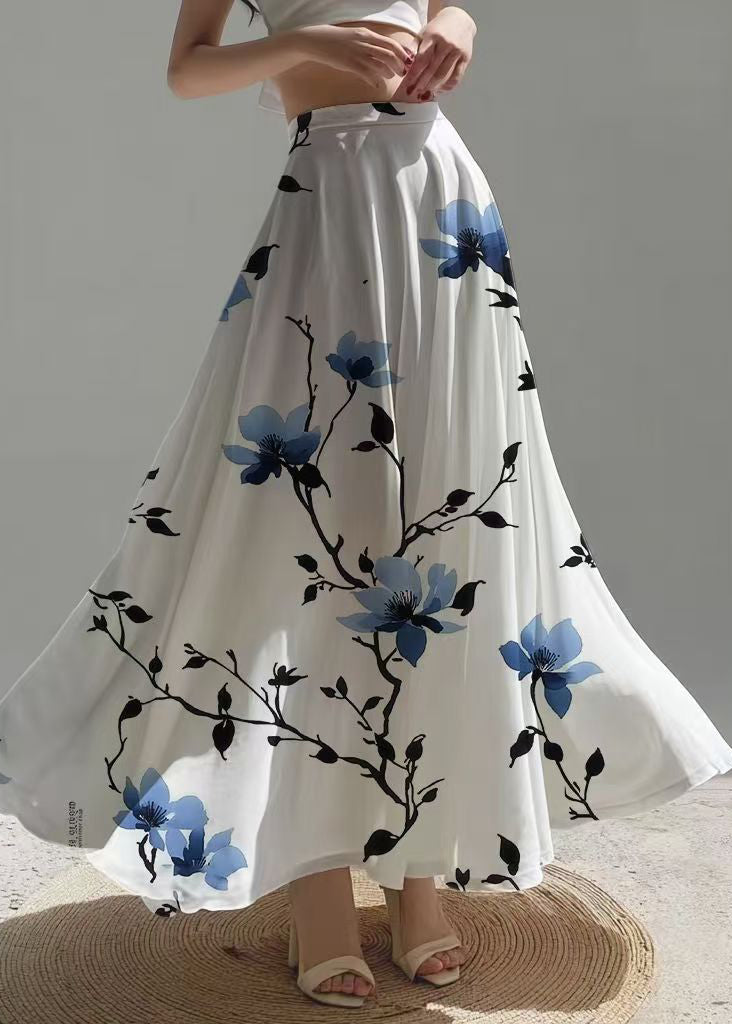 White High Waist Print Chiffon Tea Skirts Summer
