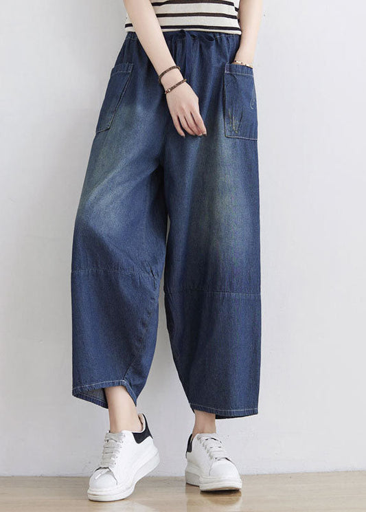 Blue Elastic Waist Patchwork Cotton Denim Pants Spring