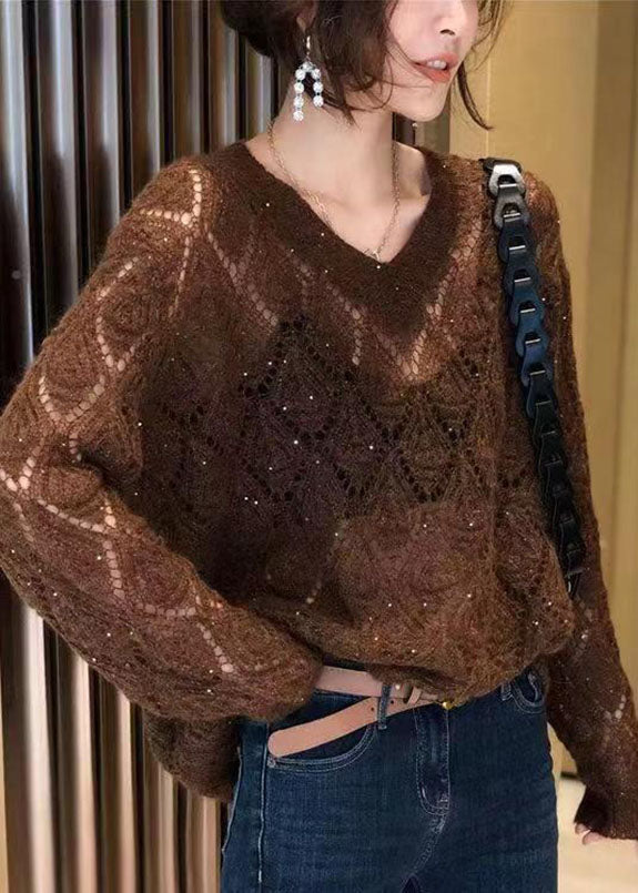 Coffee V Neck Hollow Out Cozy Ma Hai Mao Cotton Knit Tops Fall