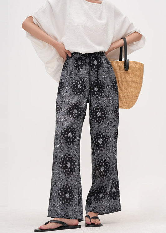 Grey Elastic Waist Print Cotton Straight Pants Summer