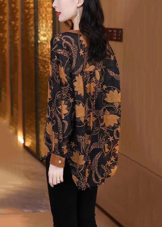 Orange V Neck Print Patchwork Cotton Top Fall